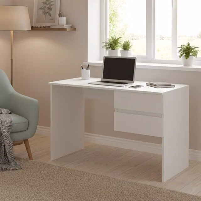 Scrivania Zimone DMORA con 2 cassetti, tavolo da studio moderno in MDF bianco, L: 110 cm, P: 53 cm, H: 76 cm