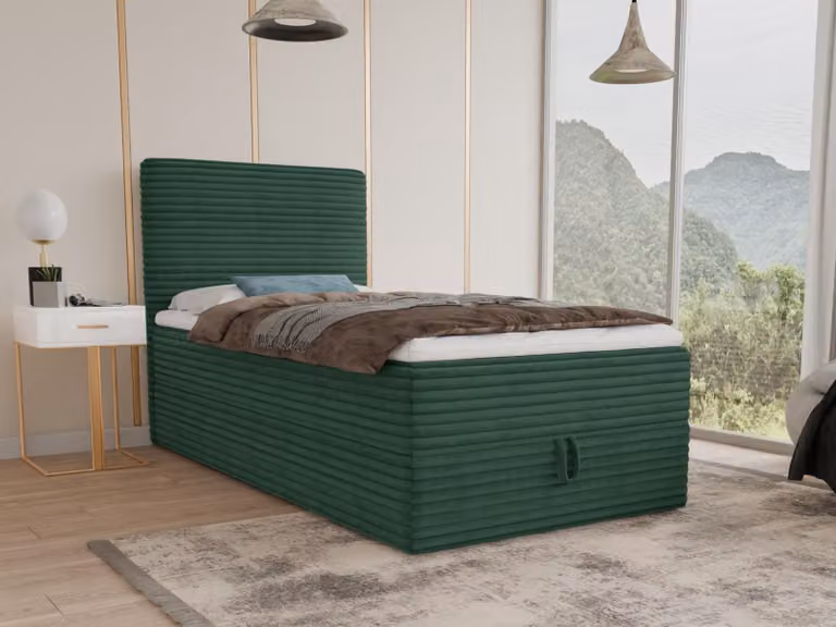 Letto boxspring Mollo Mini con contenitore e coprimaterasso - Letto singolo con materasso Bonell e coprimaterasso, letto imbottito in morbido velluto a coste, letto, camera da letto (Verde (Tilia 39), 120 x 200 cm)