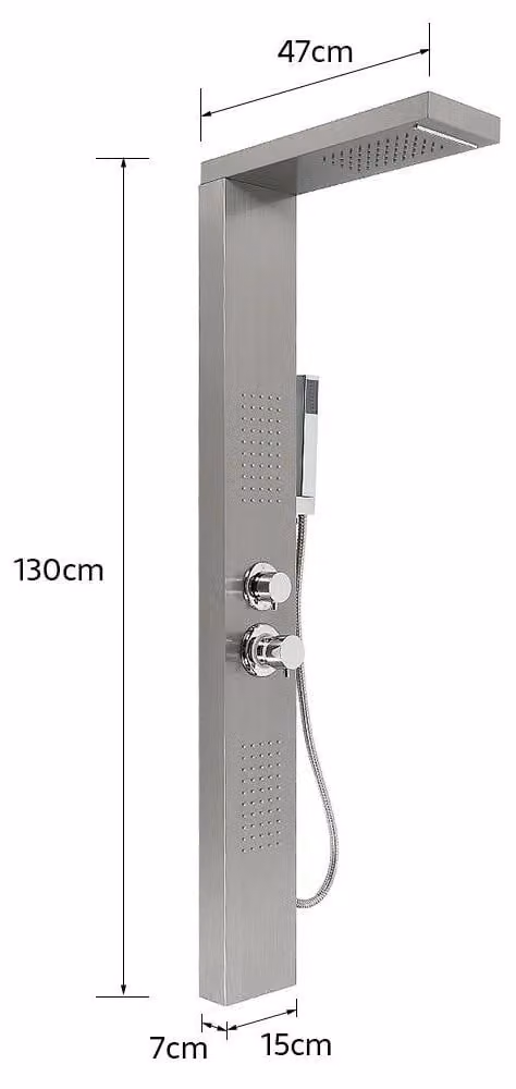 Pannello doccia 4-in-1 - Sistema doccia completo - Doccia a pioggia e cascata - Getto laterale massaggiante - Doccetta manuale ampia - Acciaio inossidabile spazzolato