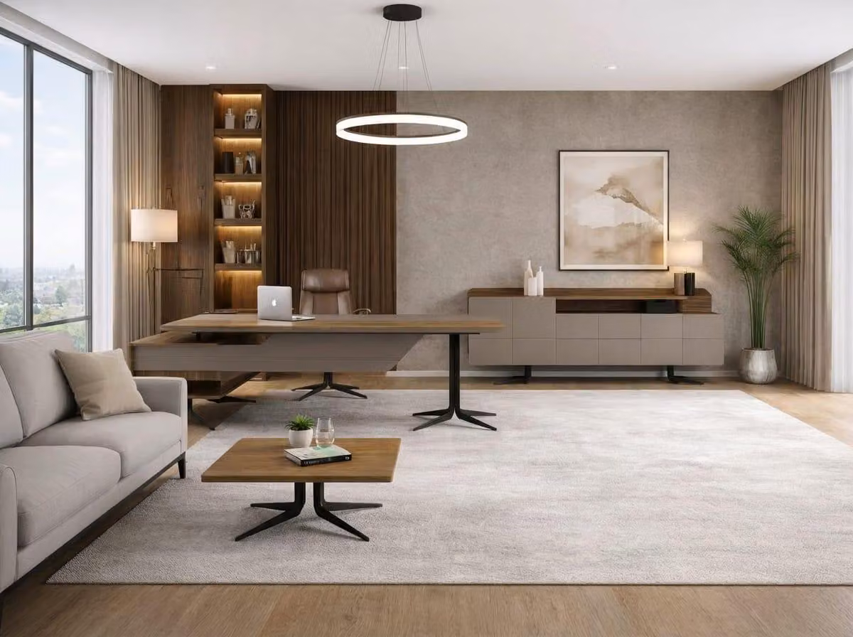Set moderno per ufficio: scrivania, mobile contenitore, tavolino da caffè, design