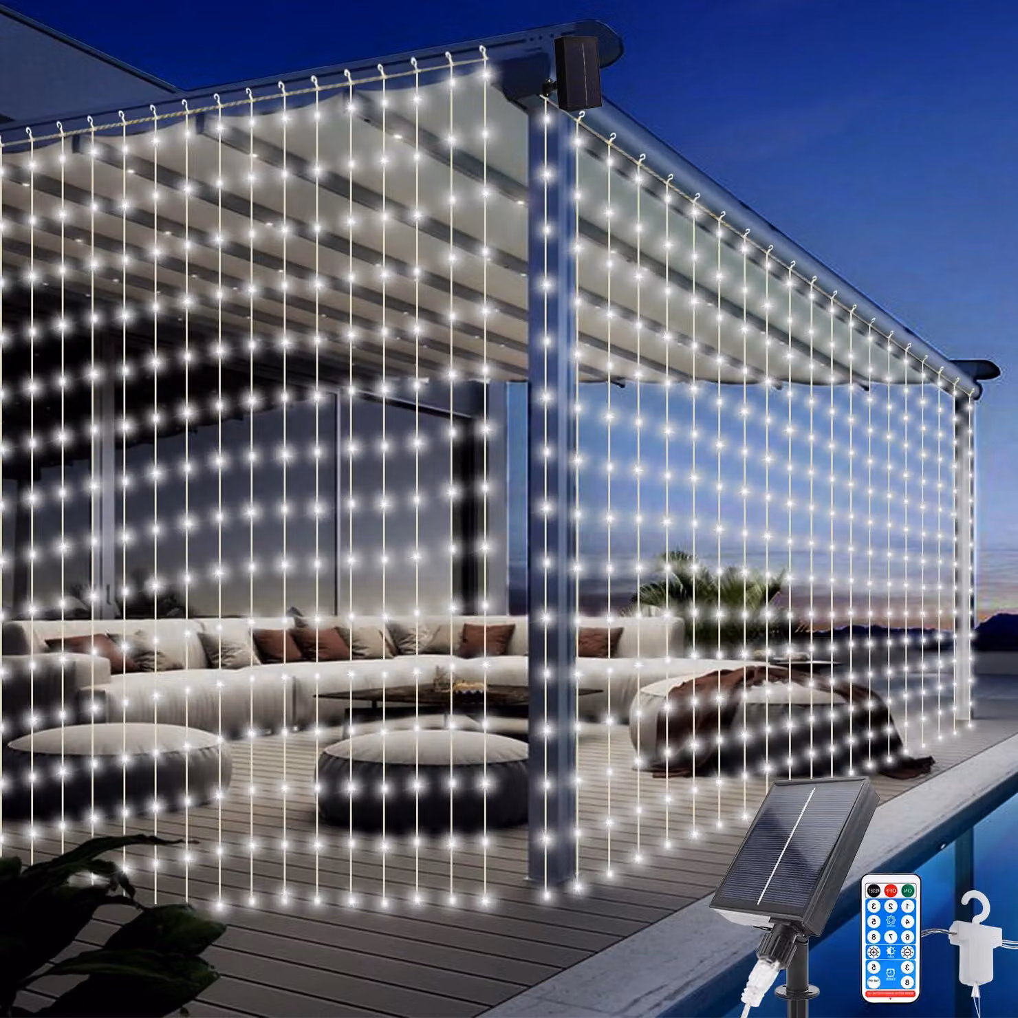 300 luci a LED solari per tende, dimensioni 3x3 metri, 8 modalità, grado di protezione IP65