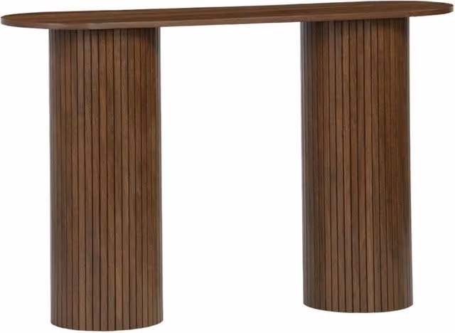 Consolle ovale scandinava Sweeek in legno effetto noce con finitura opaca e dettagli a righe, L: 120 cm – 1