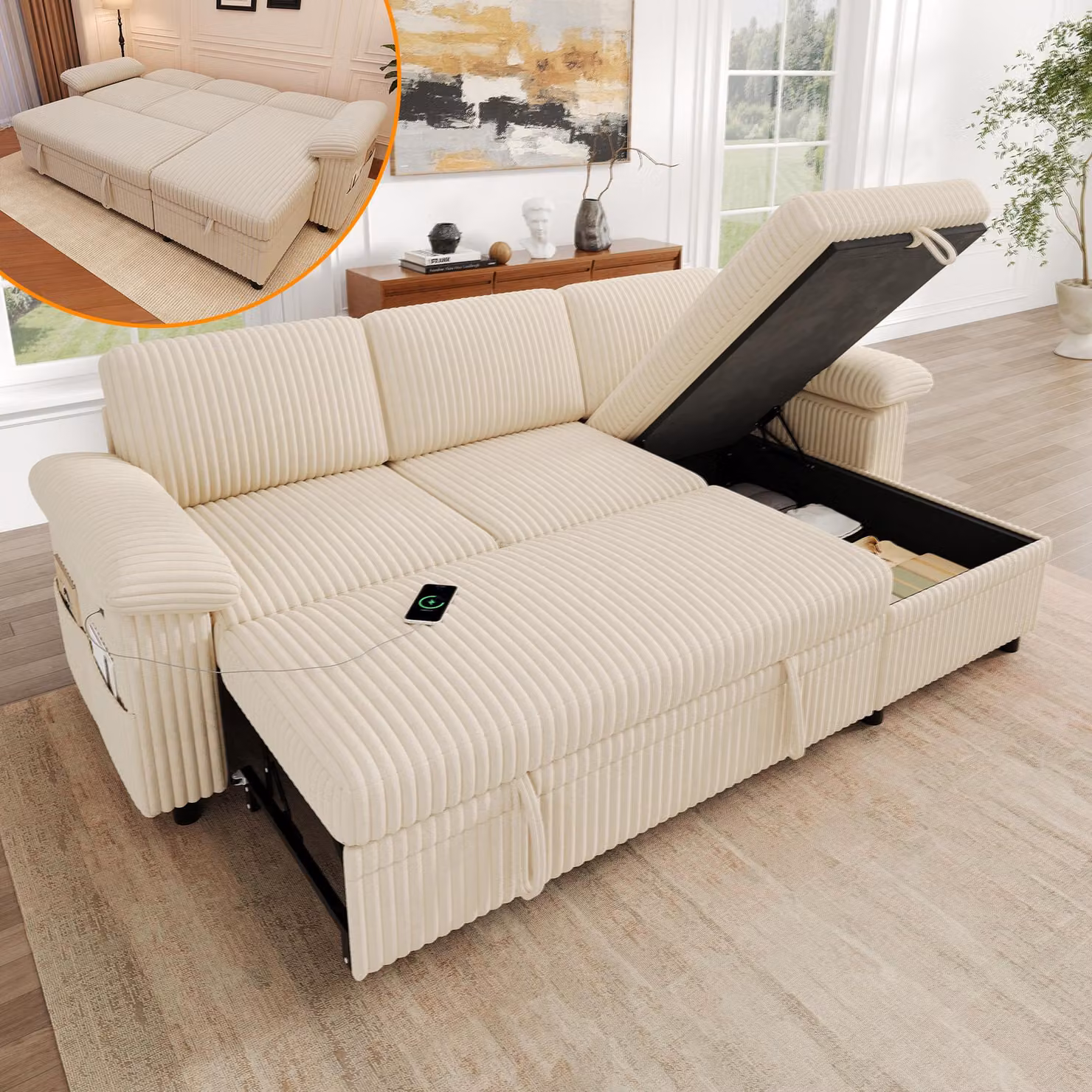 Divano angolare a forma di L, con funzione letto, pouf incluso, porta USB di tipo C, schienale regolabile, cuscini per braccioli, tessuto corduroy, colore beige