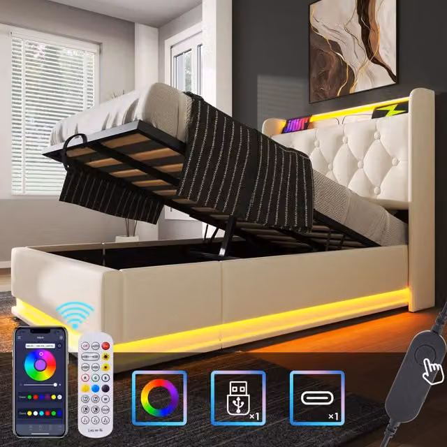 Letto imbottito singolo 90x200 cm con LED 360° e app, contenitore idraulico, testiera con ricarica USB Type-C, PU - Bianco (senza materasso)