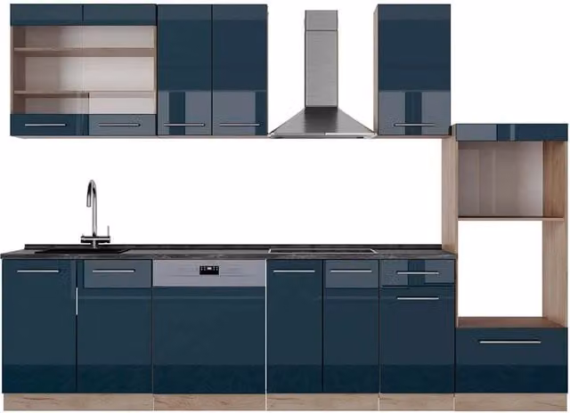 Cucina componibile Vicco Fame-Line Blu scuro lucido e Rovere dorato con armadio alto e piano Antracite, L: 300 cm