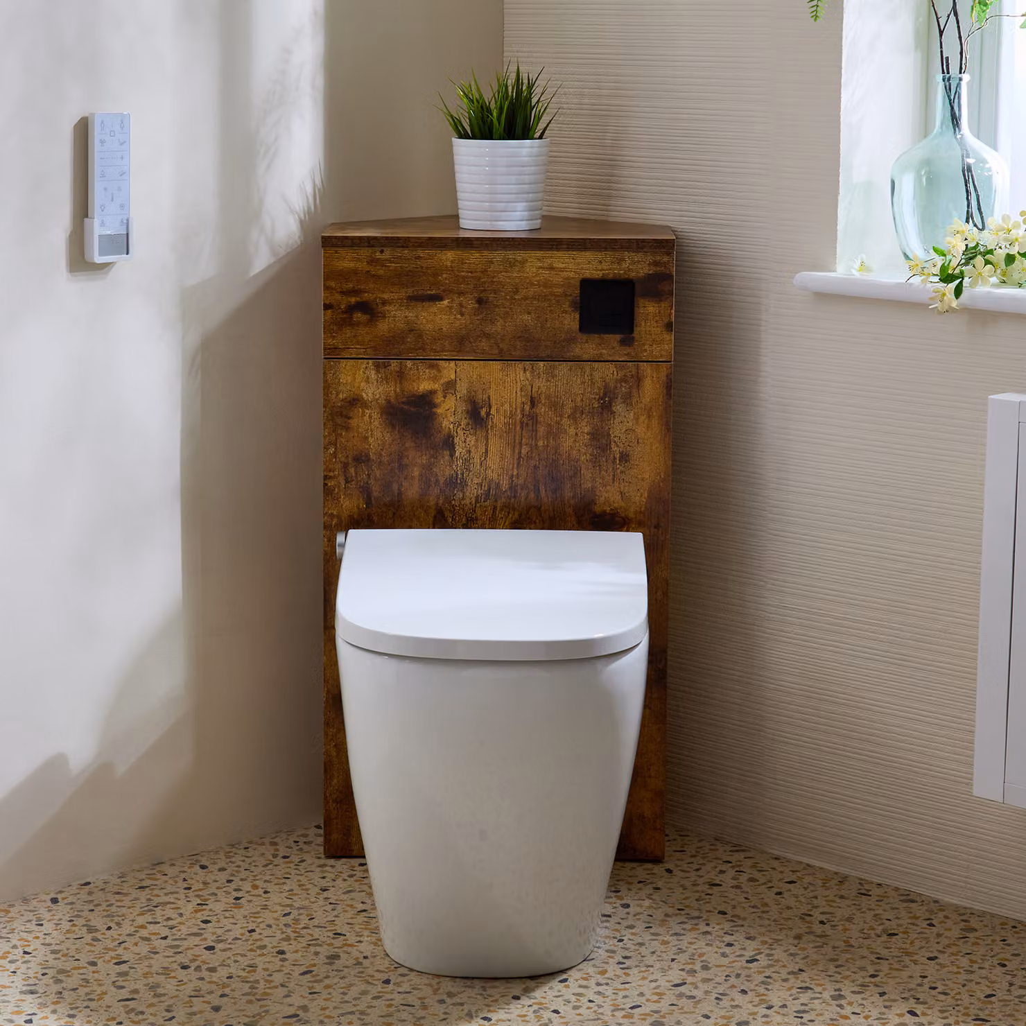 Mobile WC angolare Rovere Scuro con smart toilet Hirayu, sanitario + bidet integrato, pulsante nero - Cluo
