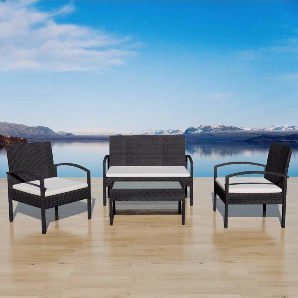 The Living Store Set salotto da giardino 4 pezzi con cuscini in poly rattan nero