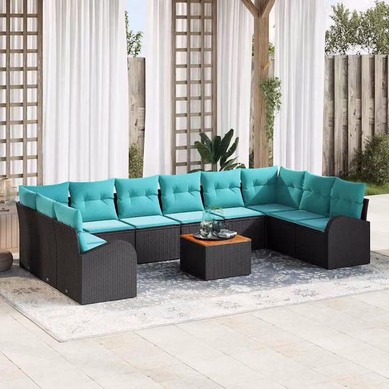Maison Exclusive - Set da giardino composto da 11 pezzi. Divano e poltrone in rattan sintetico, colore nero e turchese