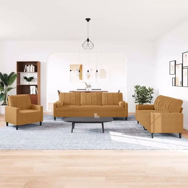 Set di divani moderni vidaXL in velluto marrone con cuscini e struttura in metallo per soggiorno