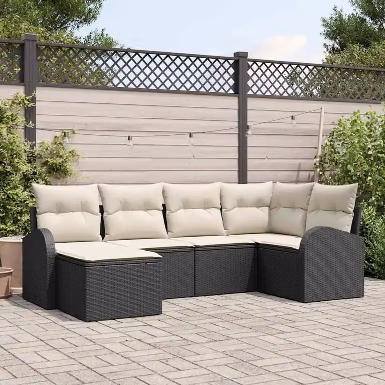 Set Divano da Giardino a L vidaXL in Polyrattan Nero con Cuscini e Ottoman per 6 Persone