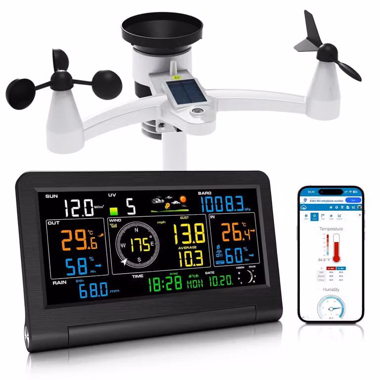 Stazione meteorologica Wi-Fi multifunzione (14 in 1), dotata di pluviometro, anemometro, termometro interno ed esterno, igrometro, barometro, indice UV, previsioni del tempo e altro