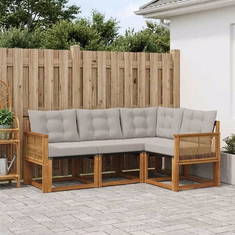 Set di divani da esterno vidaXL 4 pezzi a forma di L in legno di acacia con cuscini beige e grigio chiaro