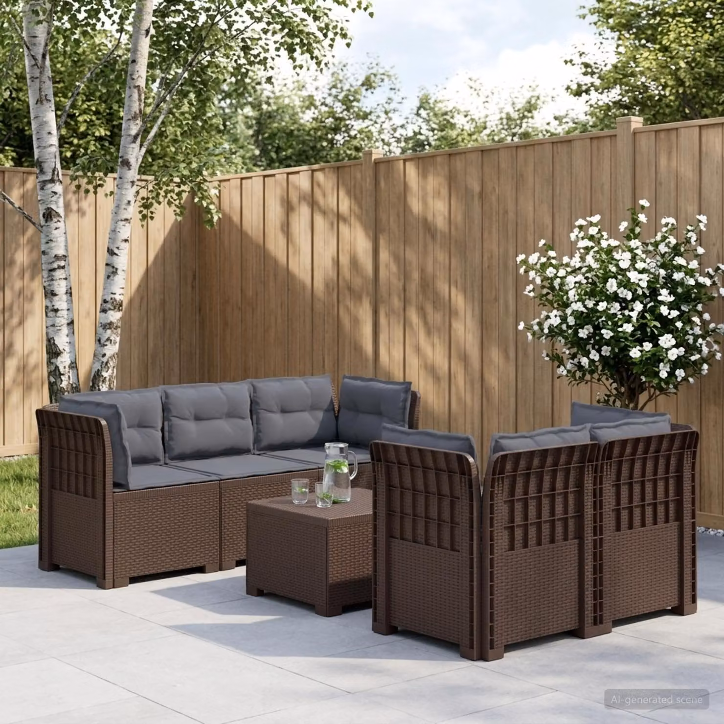 Set da giardino vidaXL a forma di L con divano da 3 posti, elemento angolare, tavolino da caffè e cuscini in polyrattan marrone e grigio