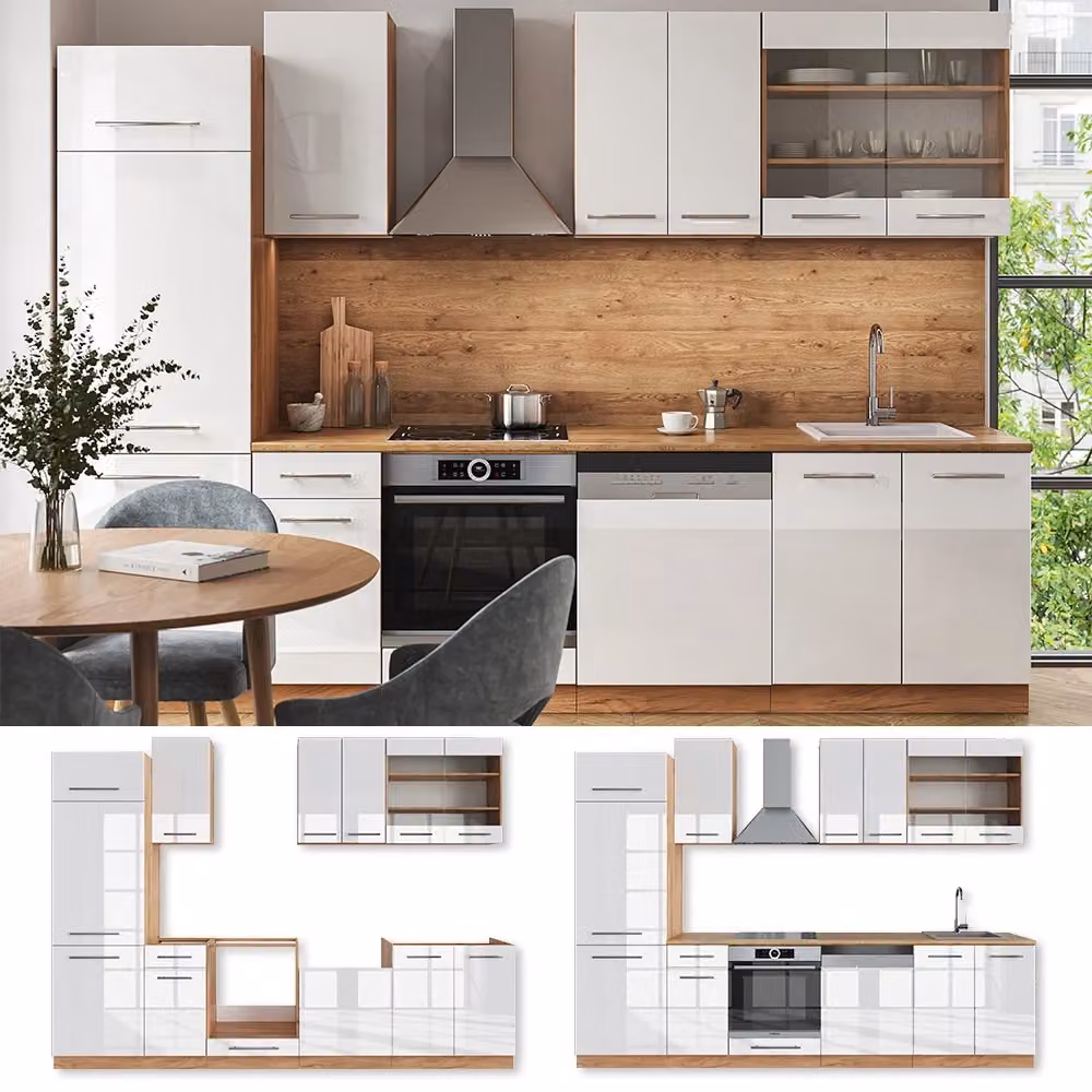 Cucina componibile moderna Fame-Line Vicco in bianco lucido e rovere dorato L: 300 cm – 2