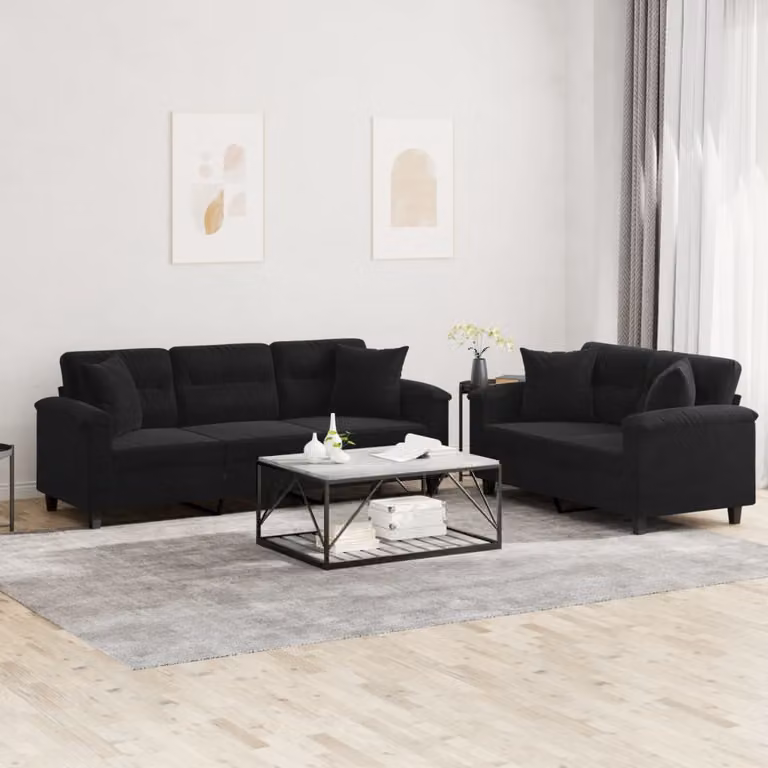 Set di 2 Divani vidaXL Moderni in Microfibra Nera con Cuscini per Soggiorno L: 210 cm, P: 80 cm, H: 77 cm