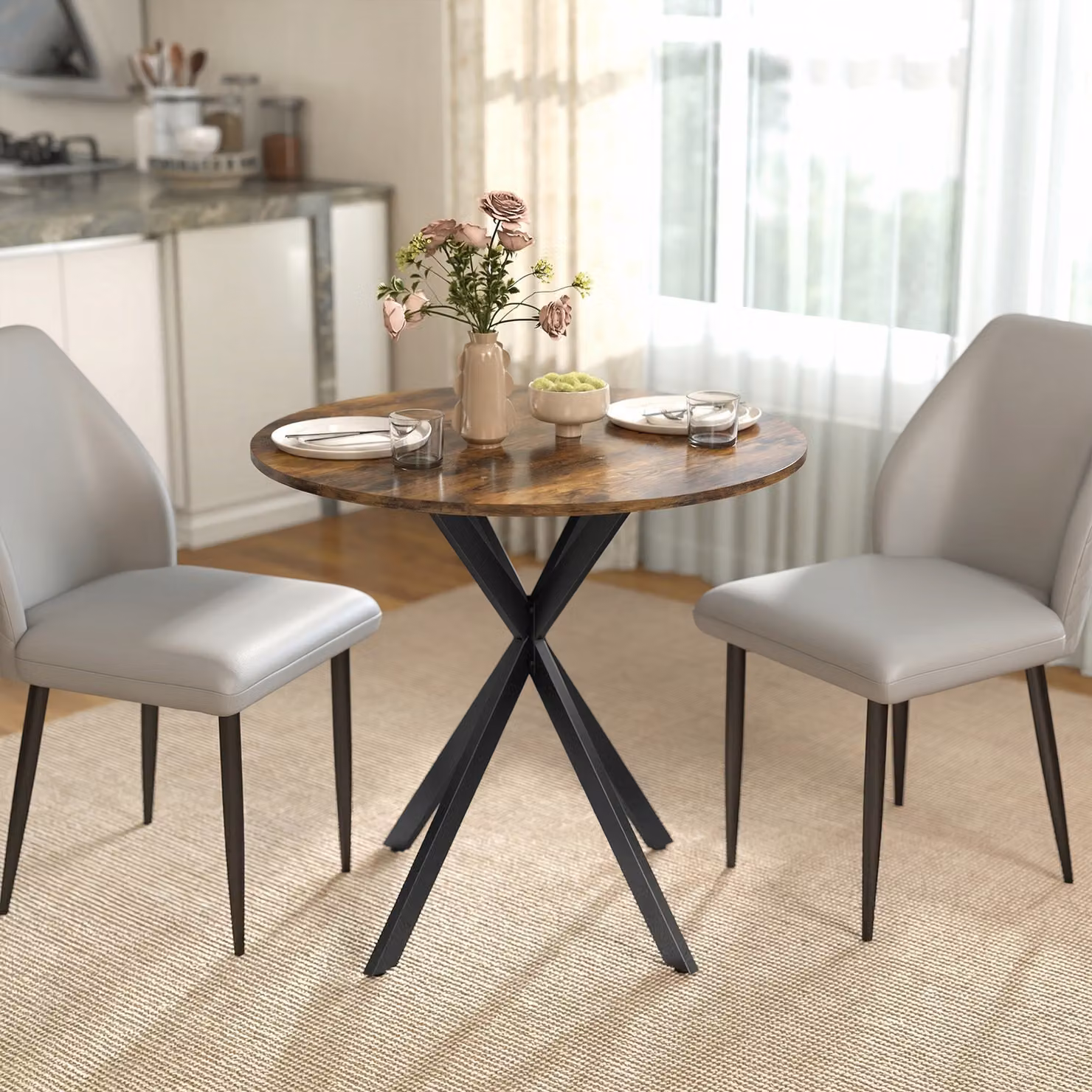 Tavolo da Pranzo Rotondo HOMCOM in Stile Industriale con Gambe a Croce in Acciaio, Marrone e Nero, Ø80 x H 75 cm – 2