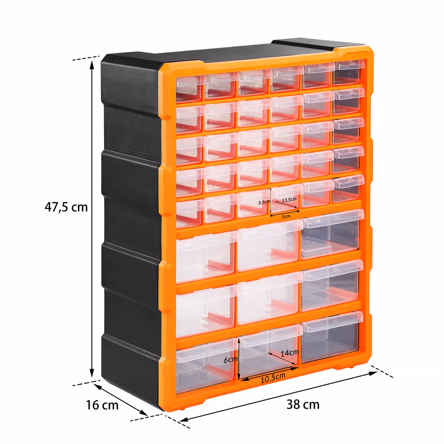 Porta minuterie Monzana con 38 cassetti in plastica, disponibile in arancione, grigio o trasparente, L/P/H: 47,5 x 38 x 16 cm – 4