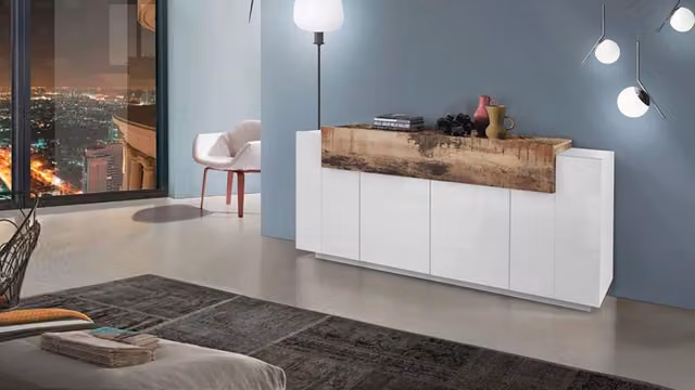 Credenza Coro Moderna 4 ante – Bianco Lucido e Acero Pereira