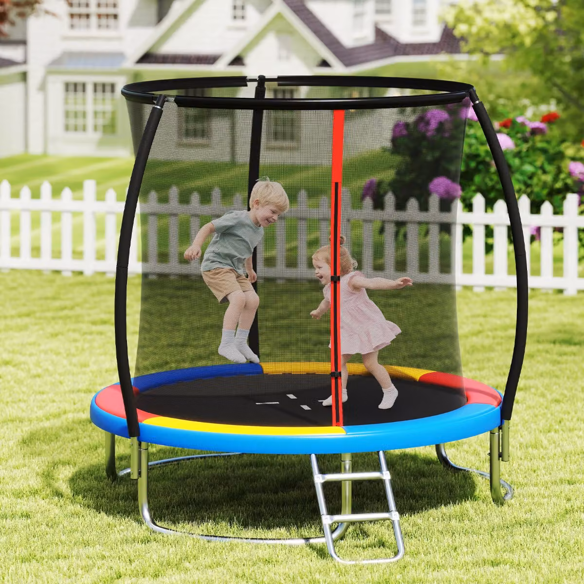 Trampolino ricreativo Costway con rete di sicurezza in acciaio zincato antiruggine per bambini e adulti, Multicolore, Diametro: 244 cm