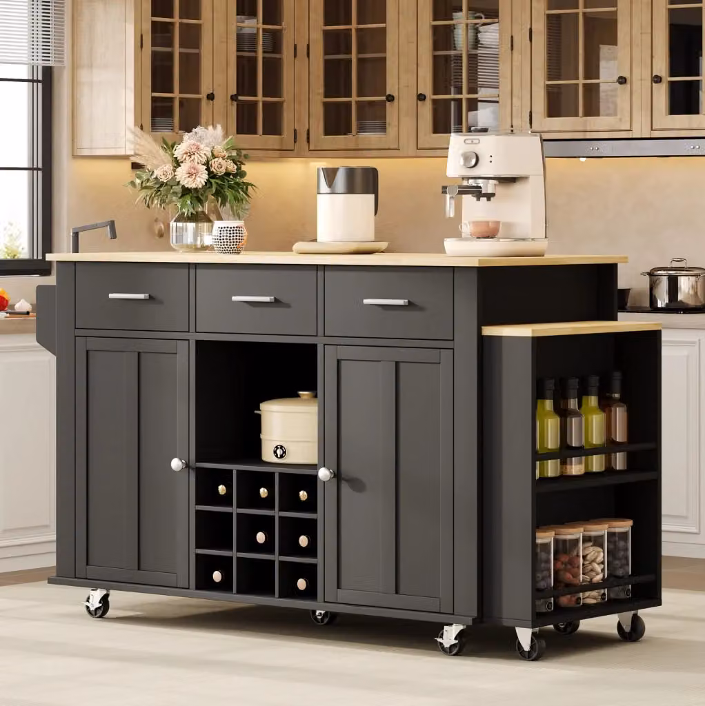 Isola da cucina mobile moderna con piano estraibile, 3 cassetti, portabottiglie e multipresa USB in MDF, nero e beige, H: 93 cm, L: 136 cm, P: 50 cm – 2