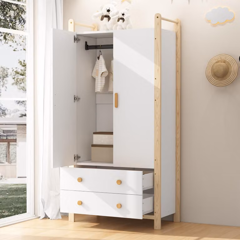 Armadio STILVORA con asta appendiabiti, guardaroba da ingresso con 2 ante e 2 cassetti, mobile contenitore in MDF, bianco