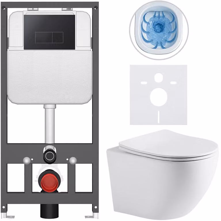 Set completo per WC sospeso "Cesso", colore bianco opaco, pulsante Prime/Modulo nero, dimensioni 49x36 cm, adatto per installazione a parete con pannello di cartongesso