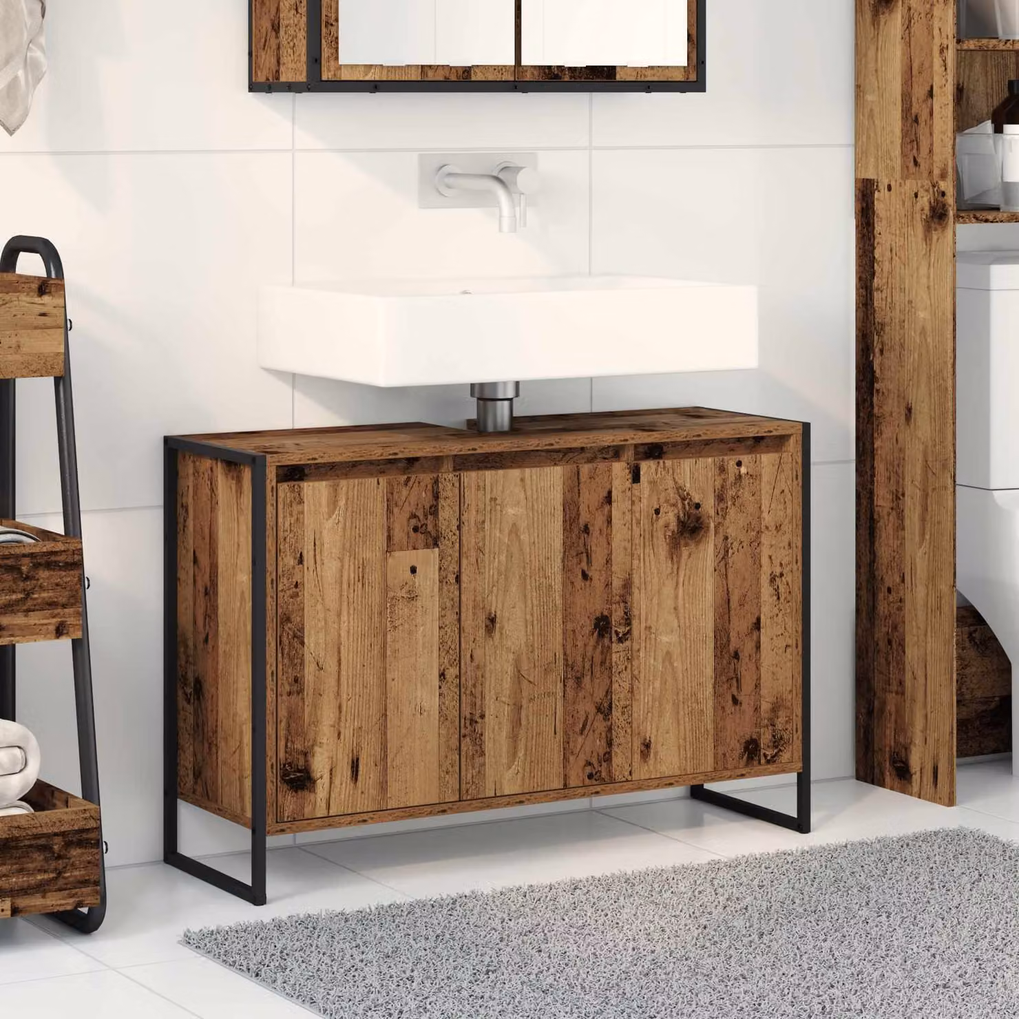 Mobile da bagno vidaXL in stile industriale color marrone con ante a cerniera, L: 90 cm, P: 30 cm, H: 60 cm