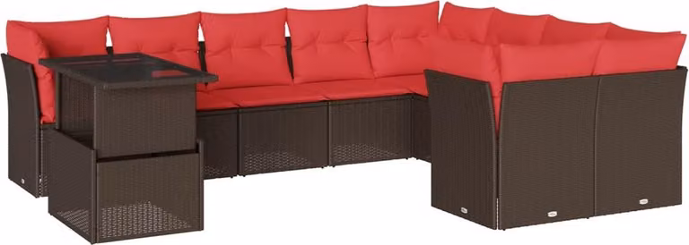 Set Divani da Giardino 10 pz con Cuscini Marrone in Polyrattan