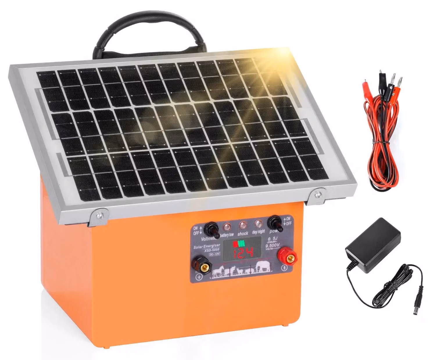 Caricabatterie solare per recinzioni elettrificate, portata di 32 km, potenza di uscita 0,5 J, con spina di tipo EU, colore arancione