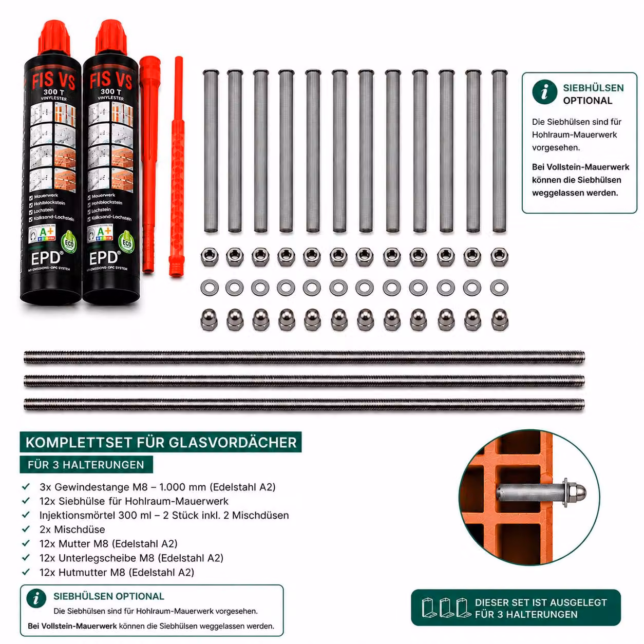 Glaswerk Westfalen - Hardware di montaggio per tettoie in vetro (set di 3)