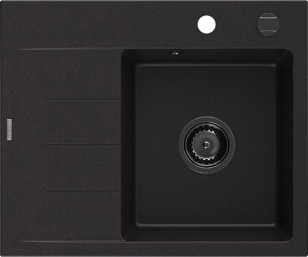 Mexen Ben lavello in granito a una vasca con sgocciolatoio, destro 600 x 500 mm, nero, sifone nero - 6523605000-77-B