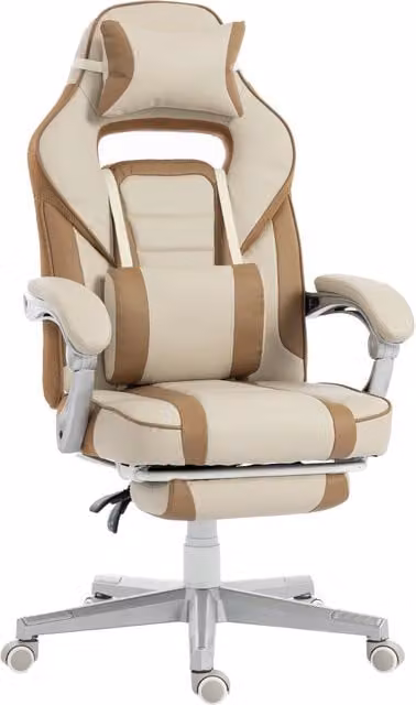 Sedia Gaming Reclinabile Xylo Beige con Poggiapiedi Retrattile, Supporto Lombare e Poggiatesta in Faux Leather