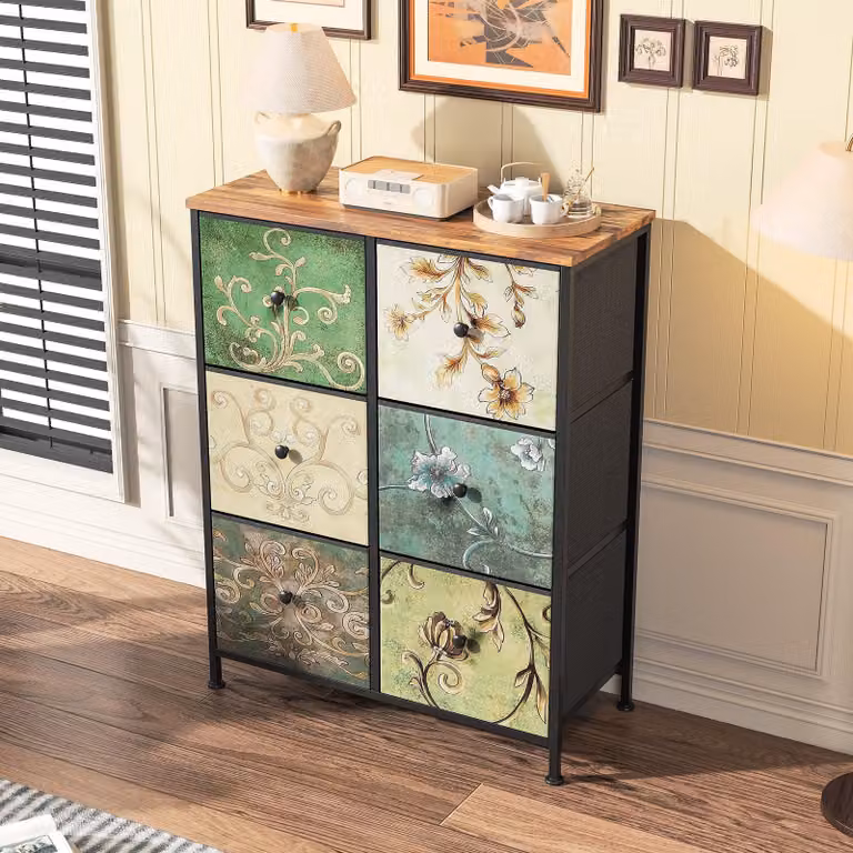 Cassettiera a sei cassetti - Cassetti in tessuto - Piano in legno - Ideale per la camera da letto - Struttura in metallo