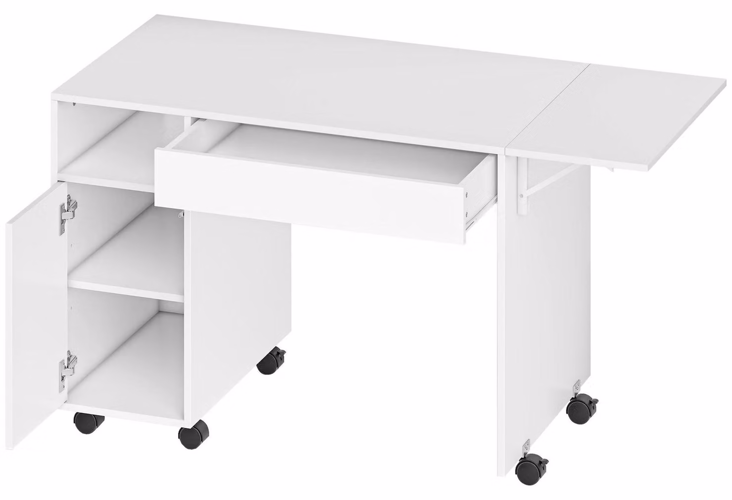Scrivania pieghevole su ruote con cassetto e vano portaoggetti | Colore: Bianco | Dimensioni: 130x58x73,2 cm