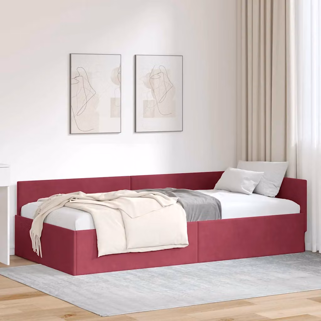 vidaXL Cornice del letto ad angolo asimmetrica in velluto rosso, L/P/H: 190 x 90 x 57 cm – 1