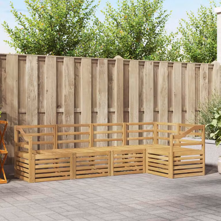 Set di divani da esterno vidaXL in legno di acacia massello con cuscini bianchi, composizione a L con 5 pezzi per giardino e terrazza