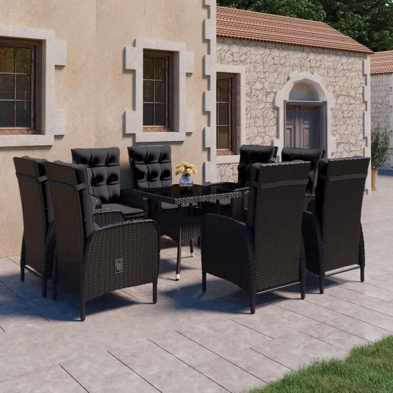 Maison Exclusive - Set da pranzo da giardino a 9 pezzi in rattan sintetico e vetro nero