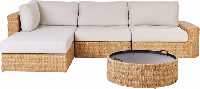 Set da giardino Beliani a forma di L con divano a 4 posti lato destro, pouf, tavolino da caffè e cuscini beige in tessuto resistente ai raggi UV