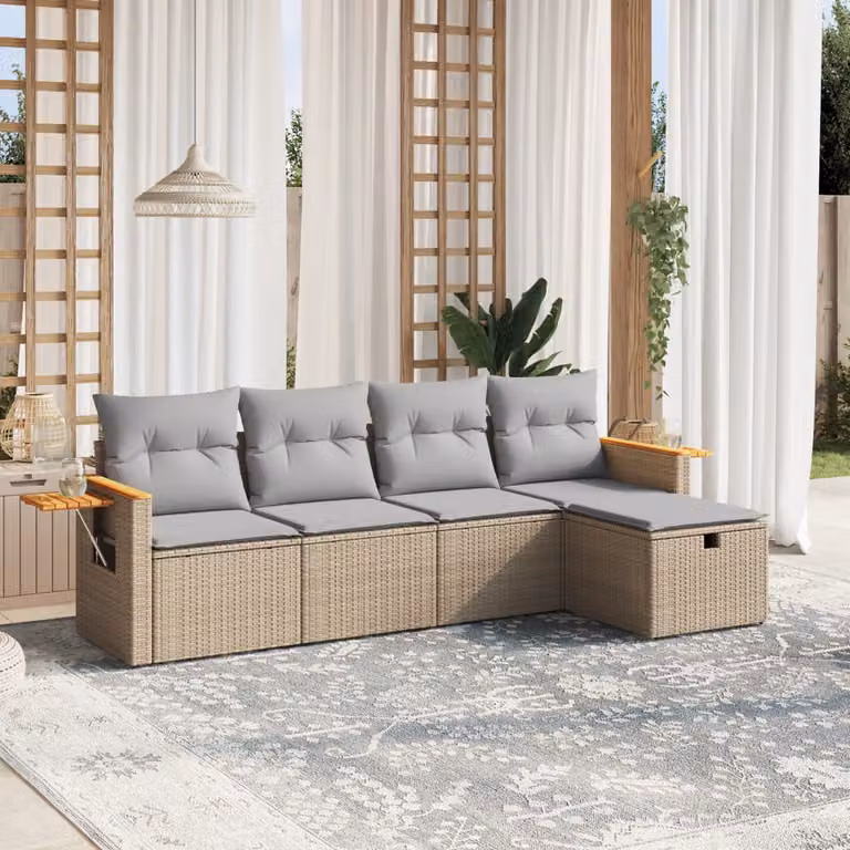 vidaXL Set Divano da Giardino a L 5 pz con Cuscini Beige e Grigio in Polyrattan e Acciaio