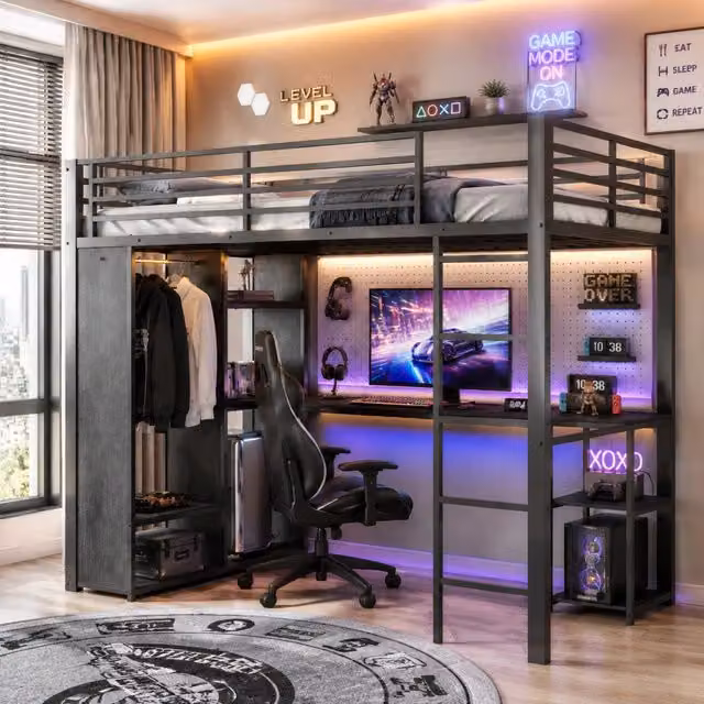 Letto a soppalco 90x200 cm con scrivania e armadio aperto in metallo e MDF nero