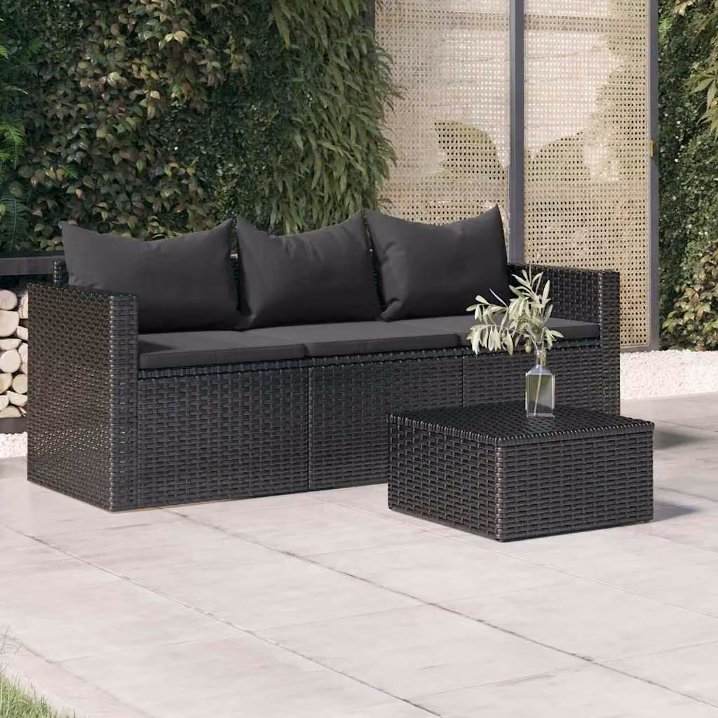 vidaXL Divano da Giardino a 3 Posti in Polyrattan Nero con Cuscini Imbottiti e Rivestimenti Rimovibili