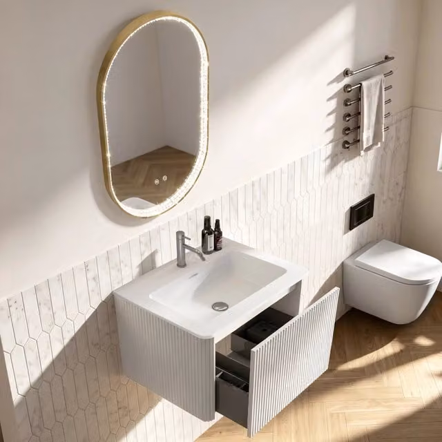 Set mobile bagno sospeso con lavabo, colonna laterale e specchio LED