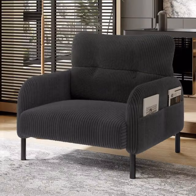 Poltrona singola MODFU in velluto a coste grigio con struttura in metallo e tasca laterale L: 67 cm, P: 75 cm, H: 79 cm