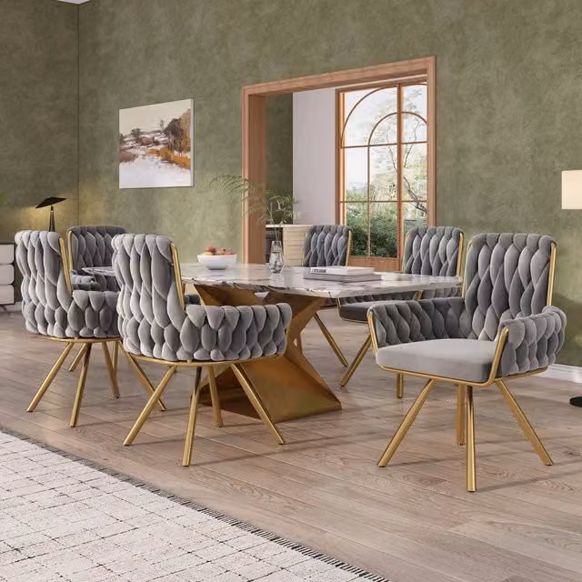 Set di 6 sedie da pranzo Mivray in velluto grigio con braccioli, struttura in metallo e rotazione a 360°