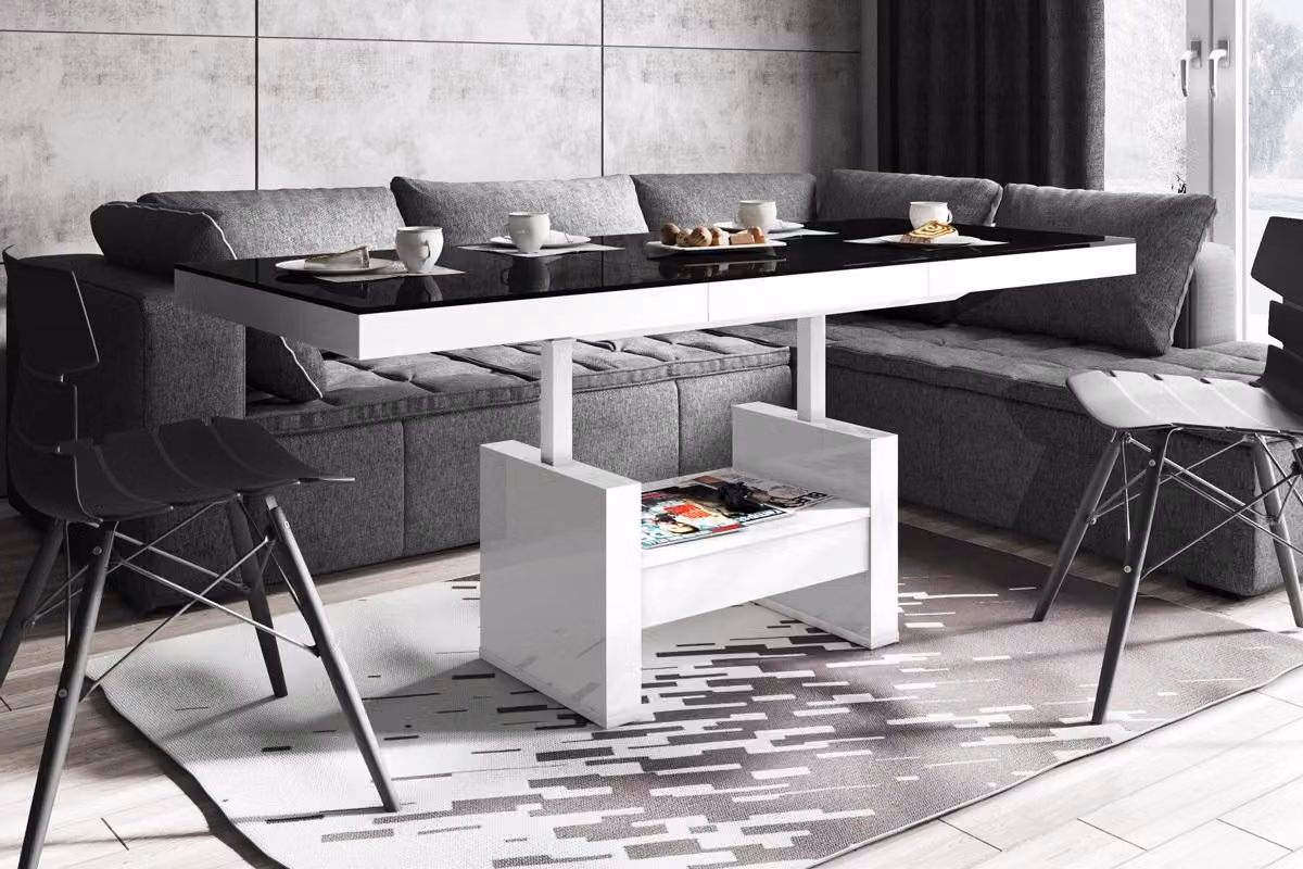 Tavolino di design HLU-111 con cassetto estraibile e regolabile in altezza, tavolo da pranzo