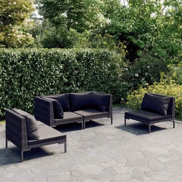 Set di Divani da Giardino a L vidaXL con Cuscini in Polyrattan e Struttura in Metallo Grigio e Nero