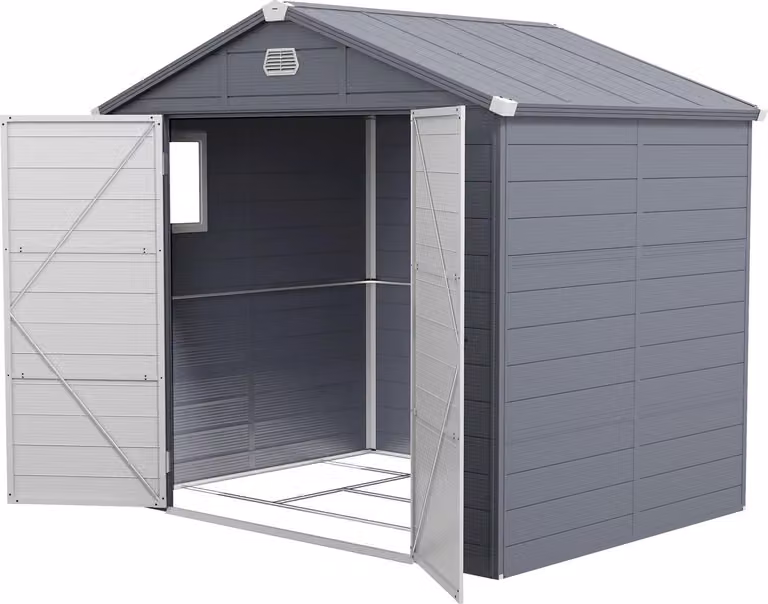 Casetta per attrezzi 4,1 m³, casetta da giardino con tetto a falda, 240 x 190 x 180/228 cm, casetta per attrezzi con porta con serratura, finestra, garage per biciclette, armadio da giardino in alluminio, per cortile, giardino, grigio