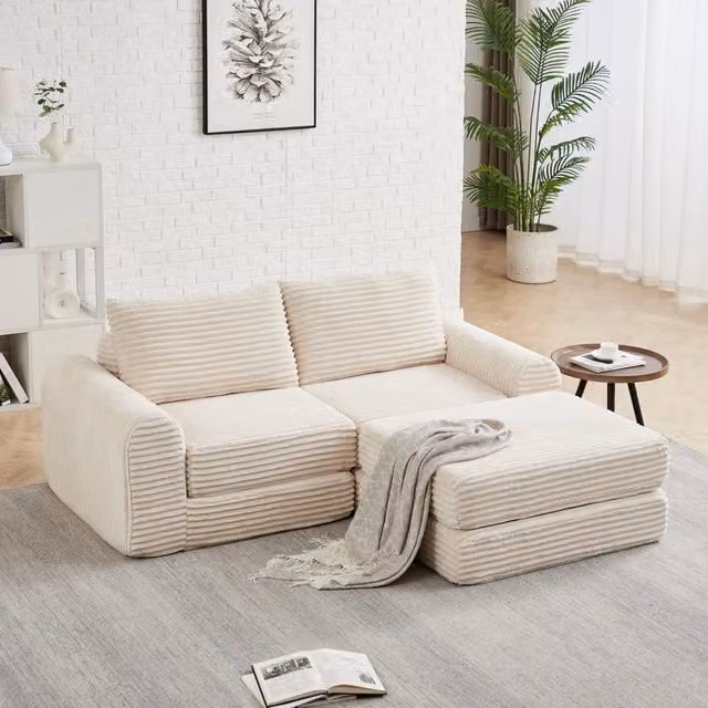 Divano letto modulare in velluto a coste beige con poggiapiedi rimovibile HOMVRA