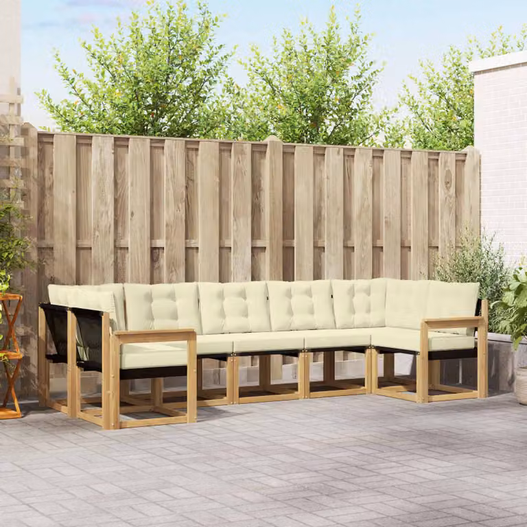 Set di divani da esterno vidaXL 7 pz in legno di acacia con cuscini Bianco e Beige