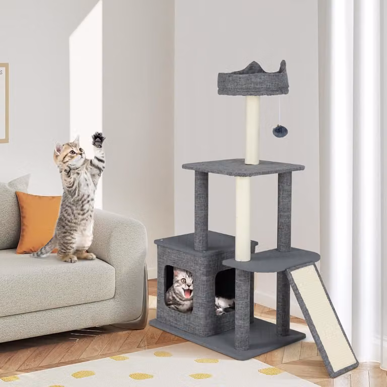 Albero per gatti Costway grigio con tiragraffi in sisal, giochi integrati e cuccia, Altezza: 117 cm